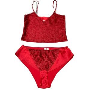 VTG Victoria's Secret Gold Label Red Satin Cami High Cut Shorts Set Lace Trim S